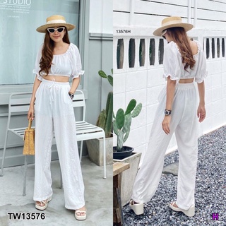 TW13576 Set 2 ชิ้น เสื้อครอปดึงยางสม็อคทั้งตัว แขนตุ๊กตา จะใส่เปิดไหล่ได้ กางเกงขายาวทรงขากระบอกทรงสวยย เนื้อผ้าสปัน