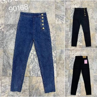 G.D.Jeans รุ่น 90168#กางเกงยีนส์แฟชั่นขายาวผ้ายืดเอวสูงทรงเดฟสีฟอกเปิดกระดุมทองข้างห้าเม็ดแบบเก๋ๆ