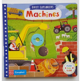 Busy Machines (push pull slide board book) กระดาษแข็งทุกหน้า ของแท้นำเข้าจากประเทศอังกฤษ