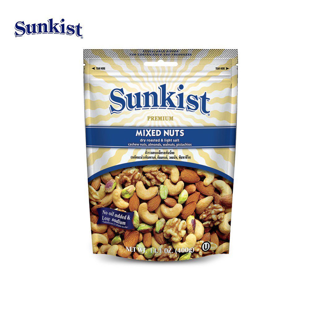 ซันคิสท์ มิกซ์นัทอบเกลือ รสเค็มน้อย 400 ก. Sunkist Dry roasted & Light salt Mixed Nuts 400 g. SFQr