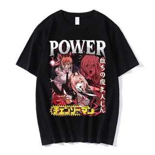 Chainsaw Man Anime Power ผ้าฝ้ายแท้ เสื้อยืดผู้ชายและผู้หญิงหลวมแฟชั่นคู่พิมพ์รอบคอแขนสั้น TOP Harajuku นักเรียนสบายๆเสื