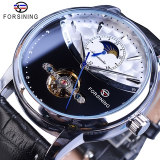 Forsining Man Watch Relogio Automatic Mechanical Black White Moon Phase Business Skeleton Tourbillon Leather Band Mascul