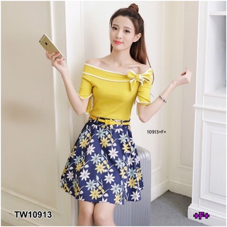 MM10913 Set ปาดไหล่ผูกโบว์ + กระโปรงพิมลายดอกไม้ Set off shoulder bow tie + floral print skirt