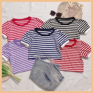 สินค้าพร้อมส่ง 🦄 [ครบ 5 สี] เสื้อครอป คอกลม ทูโทนลายริ้ว ** crop top ** เสื้อเอวลอย