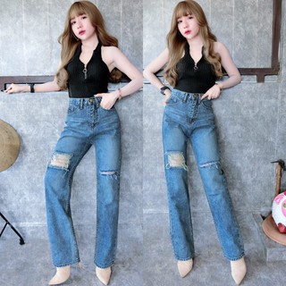 Cc jeans 070 กางเกงยีนส์ผู้หญิง ทรงกระบอก เอวสูง แต่งขาด กางเกงผู้หญิง