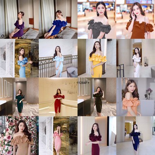 SS11284 Dress เดรส ปาดไหล่ ระบายผ่าหน้า