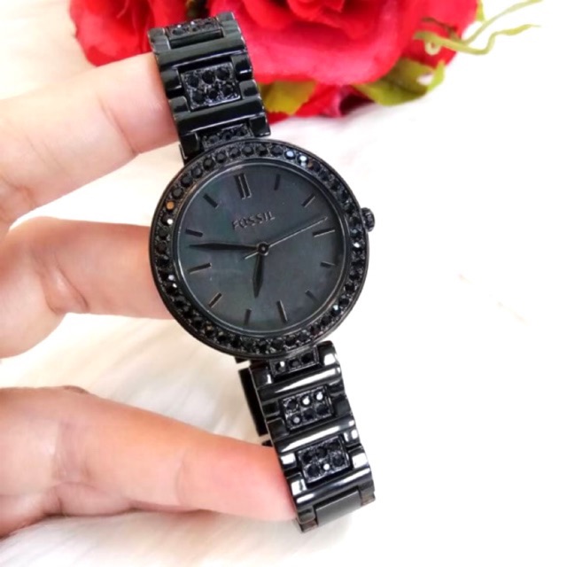 นาฬิกา Fossil Karli Three-Hand Black Tone Stainless Steel Watch BQ3440 สเตนเลส สีดำ ล้อมคริสตัล 34 มม.