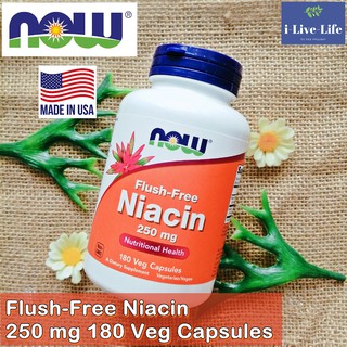 ไนอะซิน วิตามินบี 3 Flush-Free Niacin 250 mg 180 Veg Capsules - Now Foods ช่วยบำรุงระบบประสาท และการทำงานของสมอง