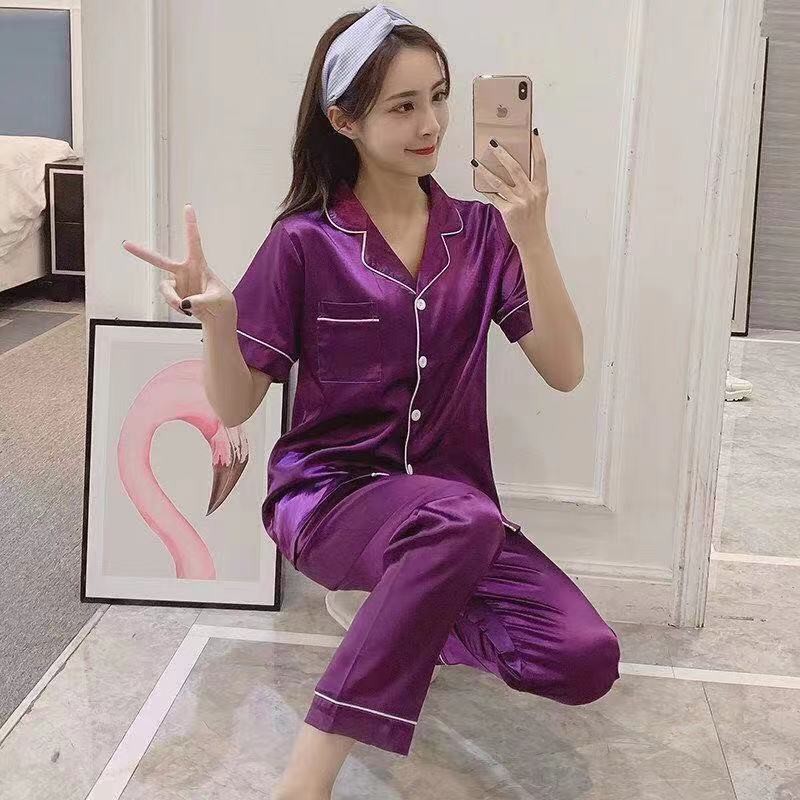 6666 E ชุดนอนแขนสั้นขายาว ชุดนอนผ้าซาติน บาง สีพื้น ผ้าไม่ลื่นและไม่หยาบมาก ใส่สบาย สินค้าพร้อมส่งไม่ต้องรอพรีออเดอร์นาน - รูปที่ 3