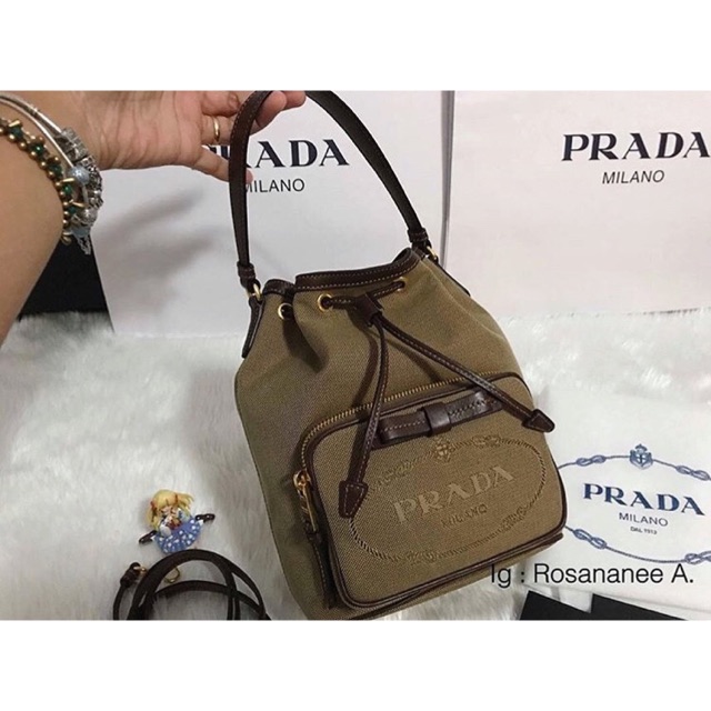 prada logo jacquard bucket bag