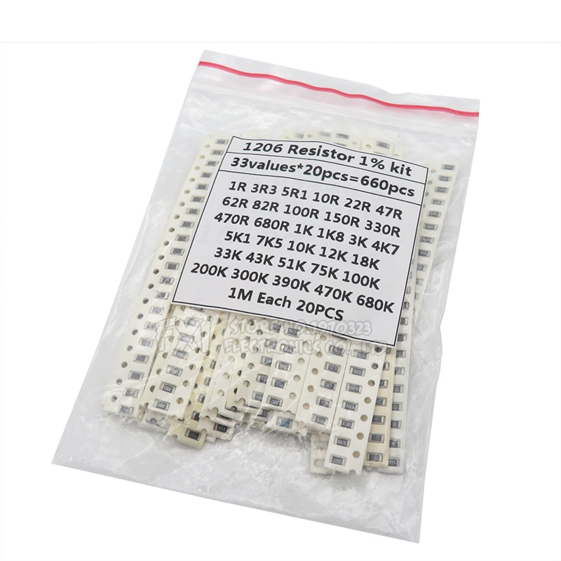 1206 SMD Resistor Kit Assorted Kit igmopnrq 1ohm-1M ohm 1% 33valuesX 20PCS = 66PCS ชุดตัวอย่าง