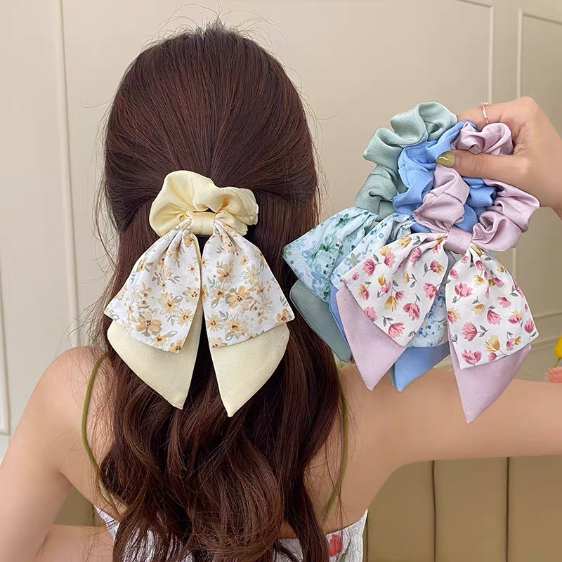 พร้อมส่ง N-18 ยางรัดผมโบว์สองชั้น ยางรัดผมลายดอกไม้