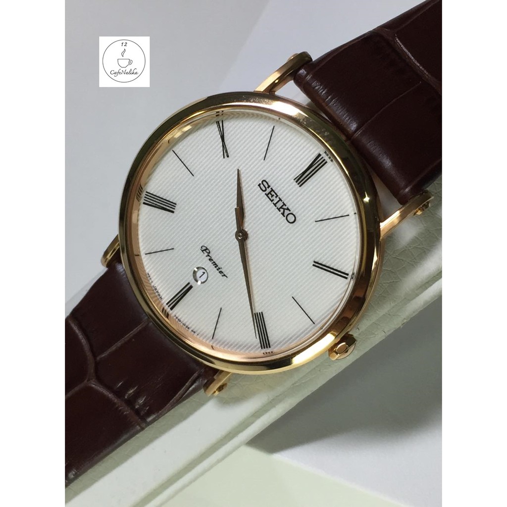 นาฬิกาผู้ชาย SEIKO รุ่น SKP398P1 Premier Classic Watch เรือนทองชมพู (Pink Gold) สายหนังสีน้ำตาล นาฬิกาของแท้ 100 เปอร์เซ