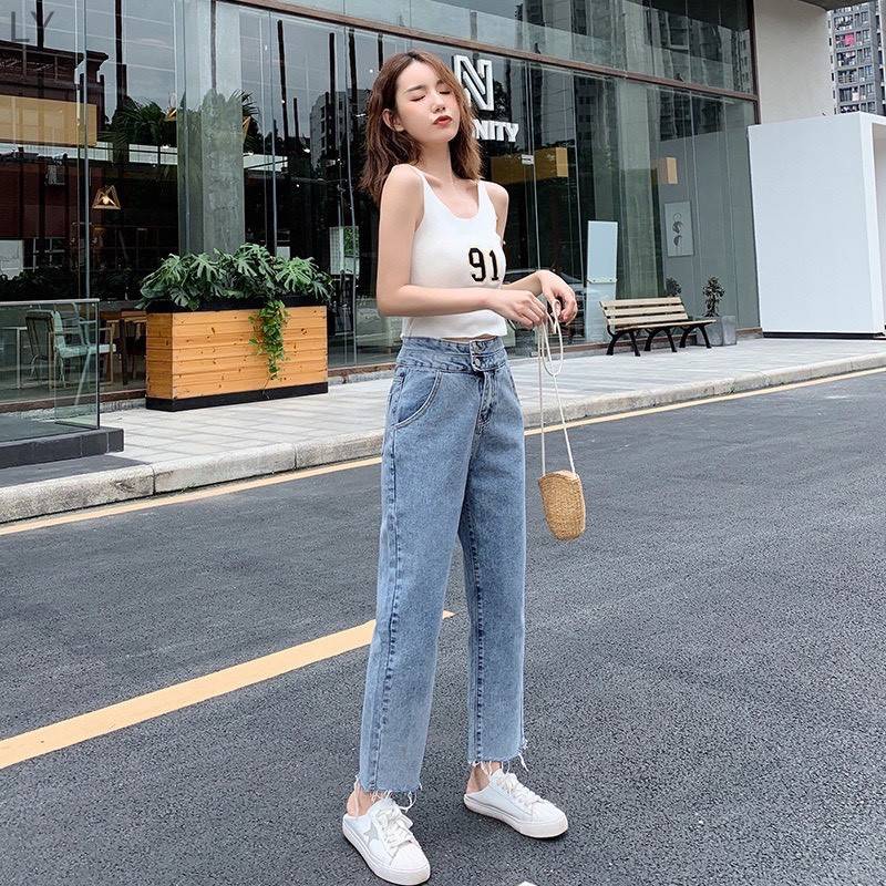 SHOP_MKL กางเกงยีนส์ขายาว ทรงกระบอก เอวสูง ปลายขารุ่ย#8058