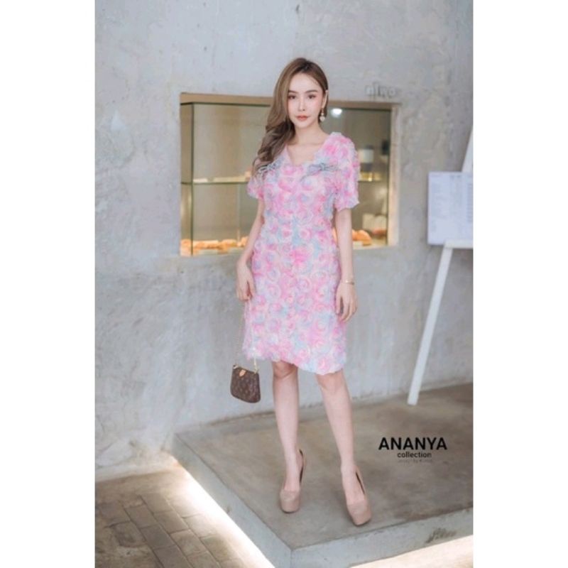 เดรส ลายกุหลาบ ลายดอกไม้ สีชมพู 3D ananya size L