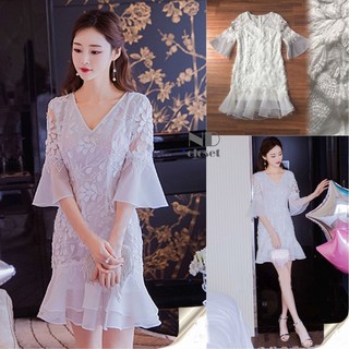 Ladiest Organdy Frieng Leaf Lace Dress