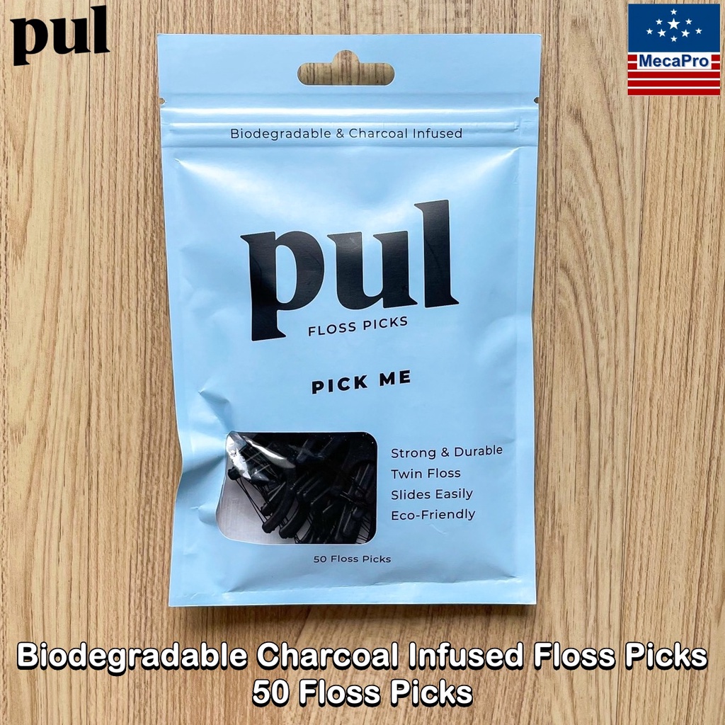 PUL® Pick Me Biodegradable Charcoal Infused Floss Picks 50 Floss Picks ไหมขัดฟันชาร์โคล