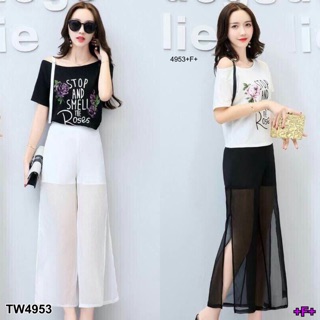 TwinsShopVip💗พร้อมส่ง TW4953 SET เสื้อยืดสกรีน+กางเกงชีฟอง