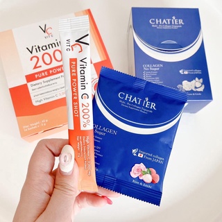 💥พร้อมส่ง | ถูก | ของแท้💯CHATIER Premium Collagen ชาเทียร์(7ซอง)/ Vit C pure วิตซีเพียว น้องฉัตร (14ซอง)