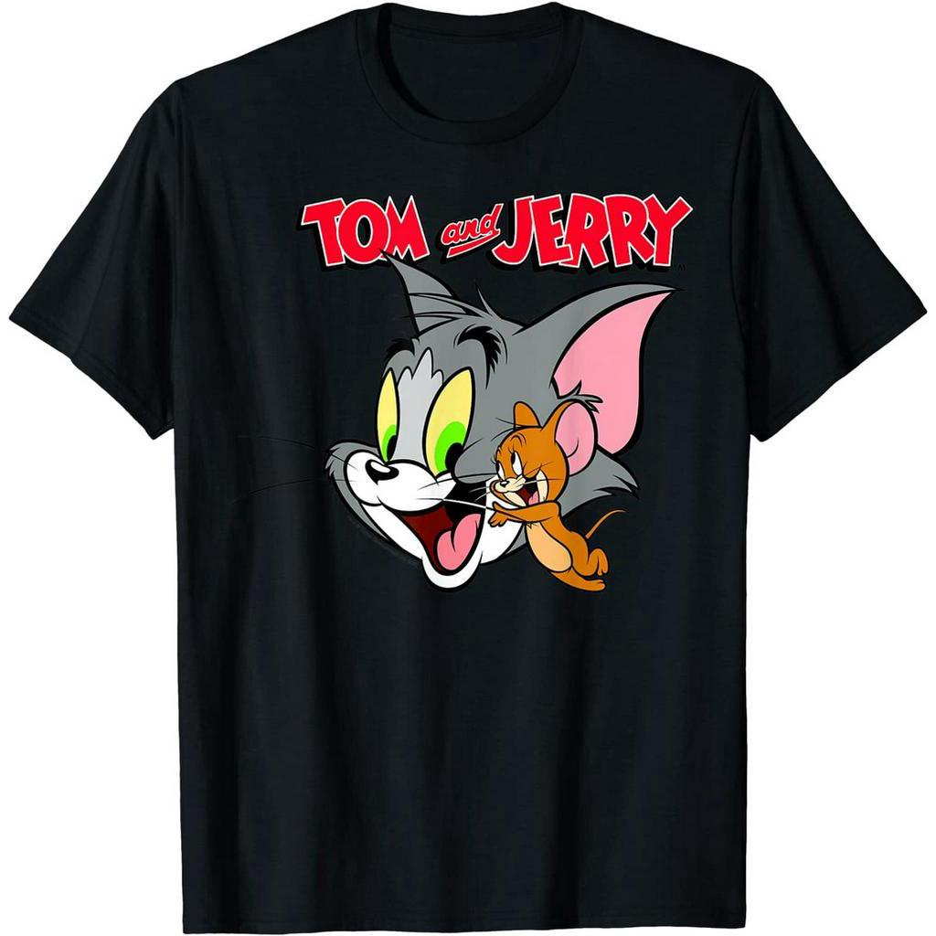 เสื้อยืด ผ้าฝ้าย พิมพ์ลายโลโก้ Tom and Jerry เรียบง่าย สําหรับผู้ชาย และผู้หญิง