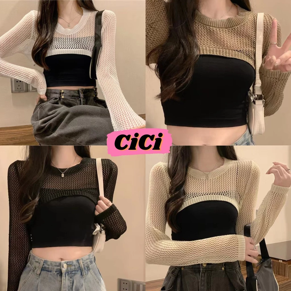 ส่งทันที Cici(NO. 78040)เสื้อคลุมแขนยาวไหมพรมคอกลม ตาข่าย ซีทรูเพิ่มดีเทลเว้าหน้าอกสไตล์โคเรียเวอร์