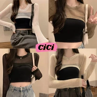 ส่งทันที Cici(NO. 78040)เสื้อคลุมแขนยาวไหมพรมคอกลม ตาข่าย ซีทรูเพิ่มดีเทลเว้าหน้าอกสไตล์โคเรียเวอร์