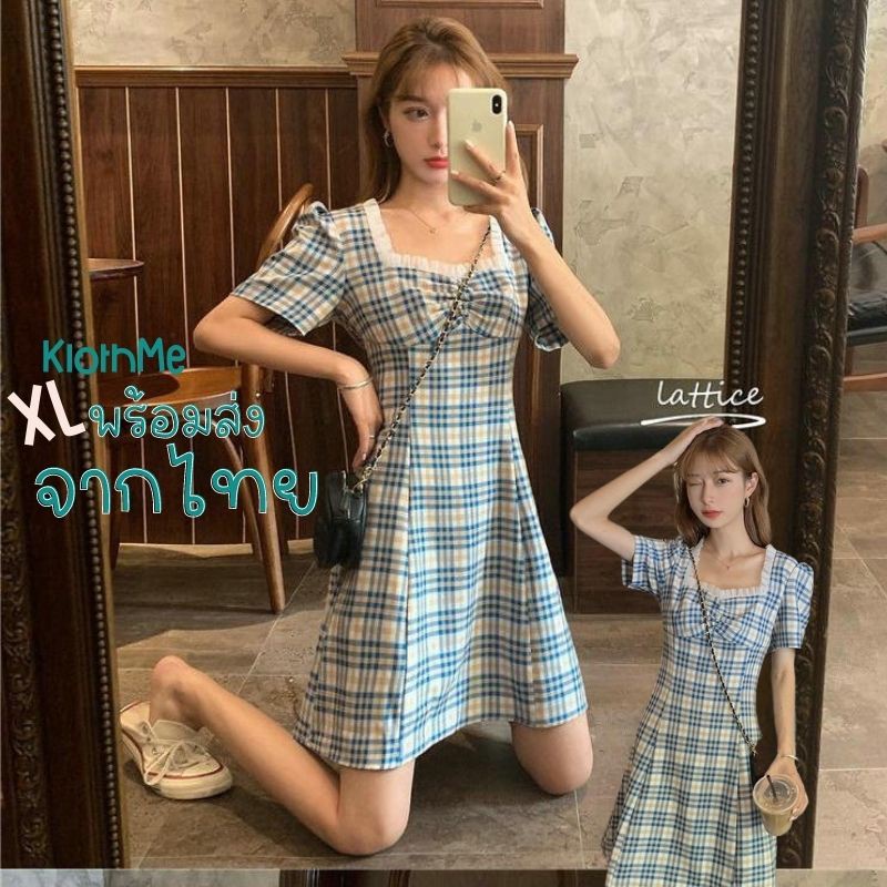 (พร้อมส่ง)DRs4-09 Scott Dress เดรสสั้นลายสก๊อตสีฟ้าส้ม คอระบายเบาๆ น่ารักมากกก