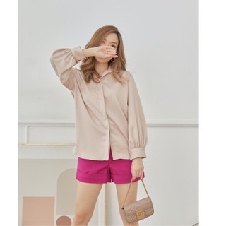 Weerin rose shirt  เสื้อเชิ้ต ปลายแขนพอง กระดุมซ่อน ทรง over size ผ้าซาติน สีโรสโกล