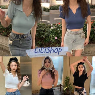 Cicishop(3238)เสื้อไหมพรมแขนสั้นคอวี  ผ้าร่องเล็ก สุดเก๋ยืดยืดได้เยอะ แต่งด้วยปกเหมือนเสื้อโปโลสไตล์เกาหลี