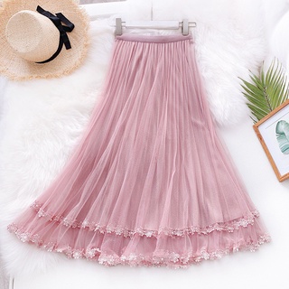 New lace patchwork skirt mid length sweet lace pleated skirt mesh dress