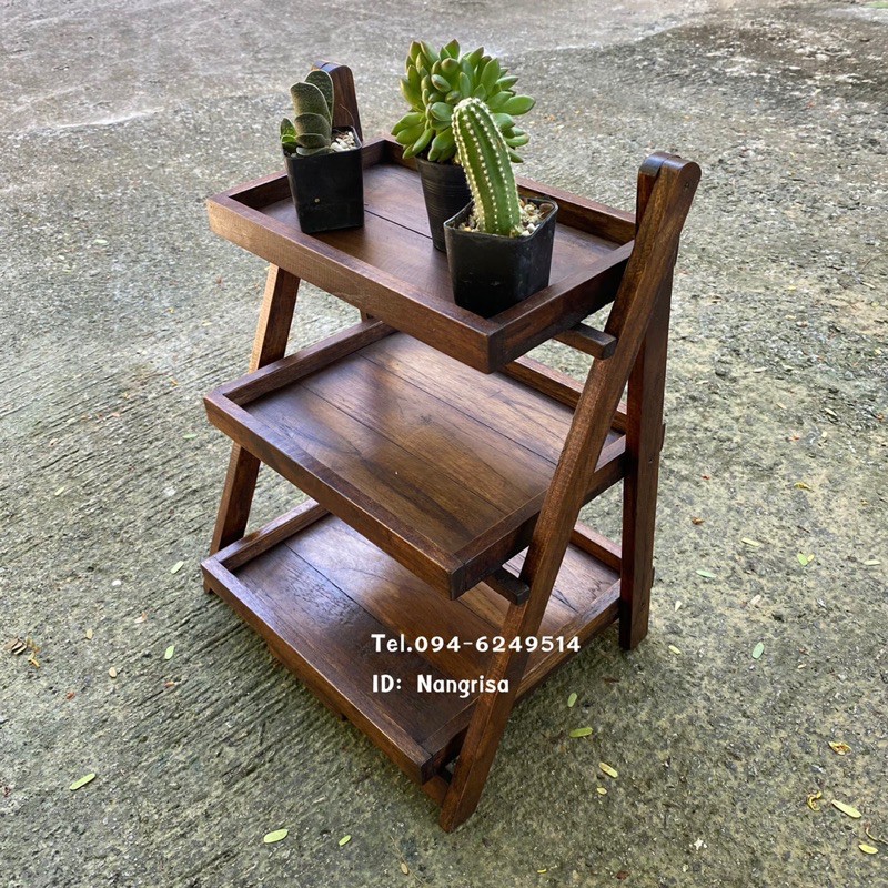 ชั้นไม้สักวางของ 3ชั้น พับเก็บได้ สีโอ๊ค งานขัดอย่างดี