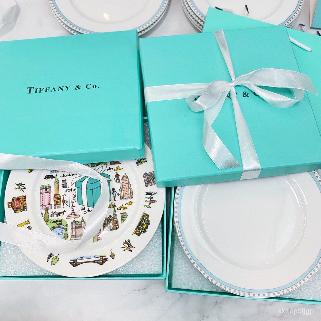 Tiffany Classic Blue Bow Platinum Plate Fifth Avenue Couple Pair Dishes ...