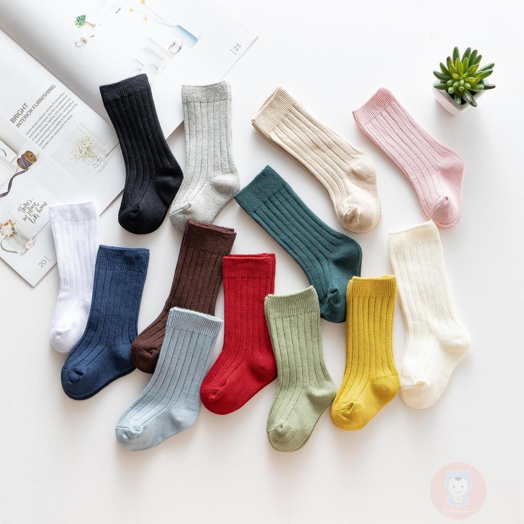 Laa6-toddler Baby Medium Tube Socks, สีทึบ Ribbed ถักเข่าถุงเท้าสูงไม่มีรอยต่อชุดถุงน่อง