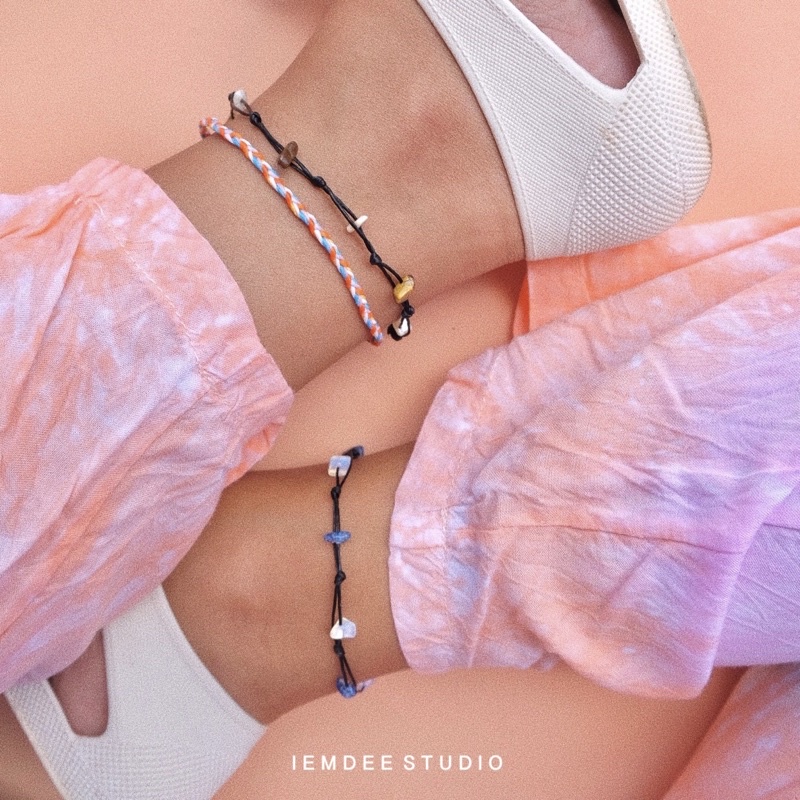 (ชุดที่ 2) สร้อยข้อเท้า anklet กำไลข้อเท้า ลูกปัดหิน handmade งานแฮนด์เมด เชือกเทียนถัก