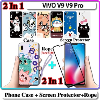 2 IN 1 เคส VIVO V9 V9 Pro เคส พร้อมกระจกนิรภัยโค้ง ป้องกันหน้าจอ เซรามิค ลายแมว และโดราเอมอน