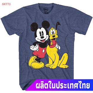 ผ้าฝ้ายแท้เสื้อยืดผู้ชายและผู้หญิง Mickey Mouse &amp; Pluto Clic Distressed Vintage Dog World Disneyland Funny Adult Tee Gra