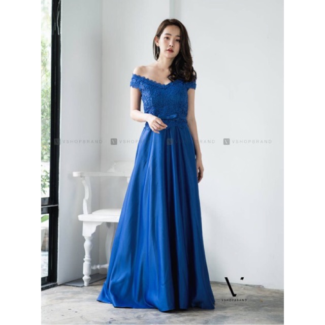 📍พร้อมส่ง📍Code : 8696  ชุดราตรียาว ชุดราตรีสีน้ำเงิน งานป้าย vshop