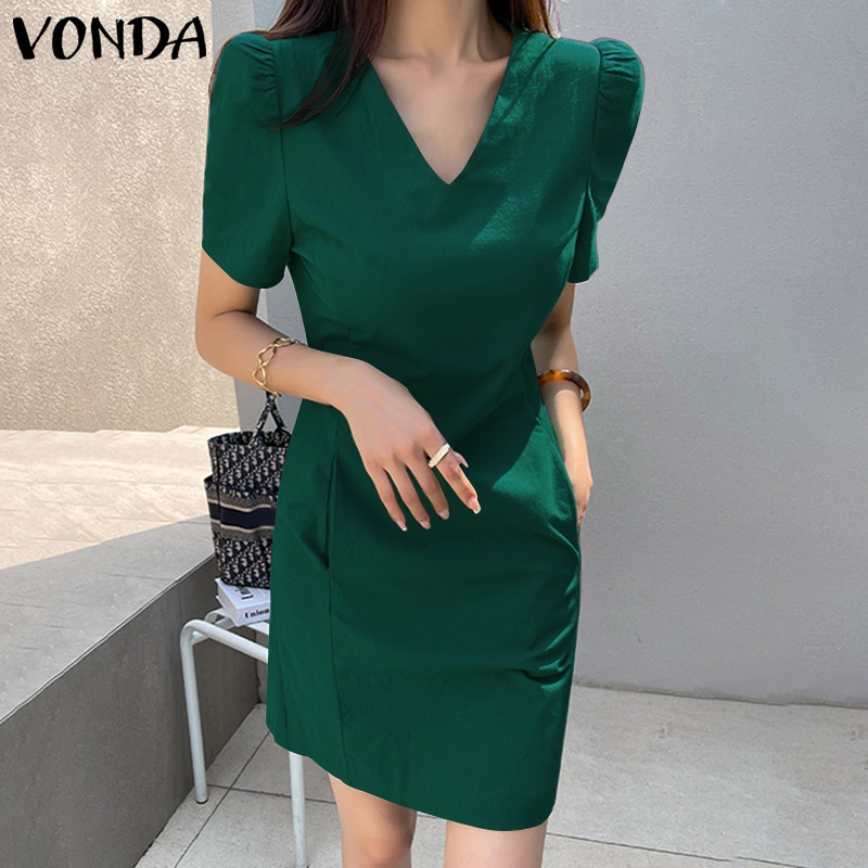 Vonda ชุดมินิเดรส คอวี แขนสั้น มีกระเป๋าด้านข้าง สีพื้น สไตล์เกาหลี สําหรับผู้หญิง