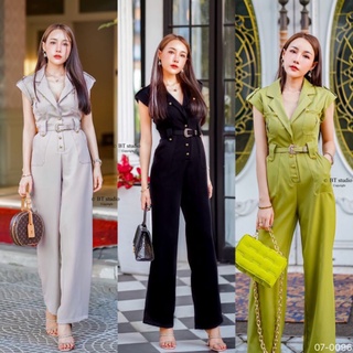 ❤ก่อนสั่งทักแชท❤เซท 2 ชิ้น จั้มสูทแขนกุดแต่งกระดุมทองที่กระเป๋า ติดกระดุมทองด้านหน้า มาพร้อมเข็มขัดสีเดียว