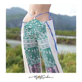 Myonlysunshine BT2021 PANTS / กางเกงขายาว ตัดต่อผ้าพิมลาย แต่งเชือกผูกเอว สีเขียว-ขาว