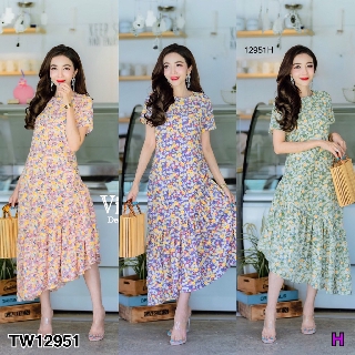 SS12951 Maxi Dress แม็กซี่เดรส ชายระบายเฉียง ลายดอก