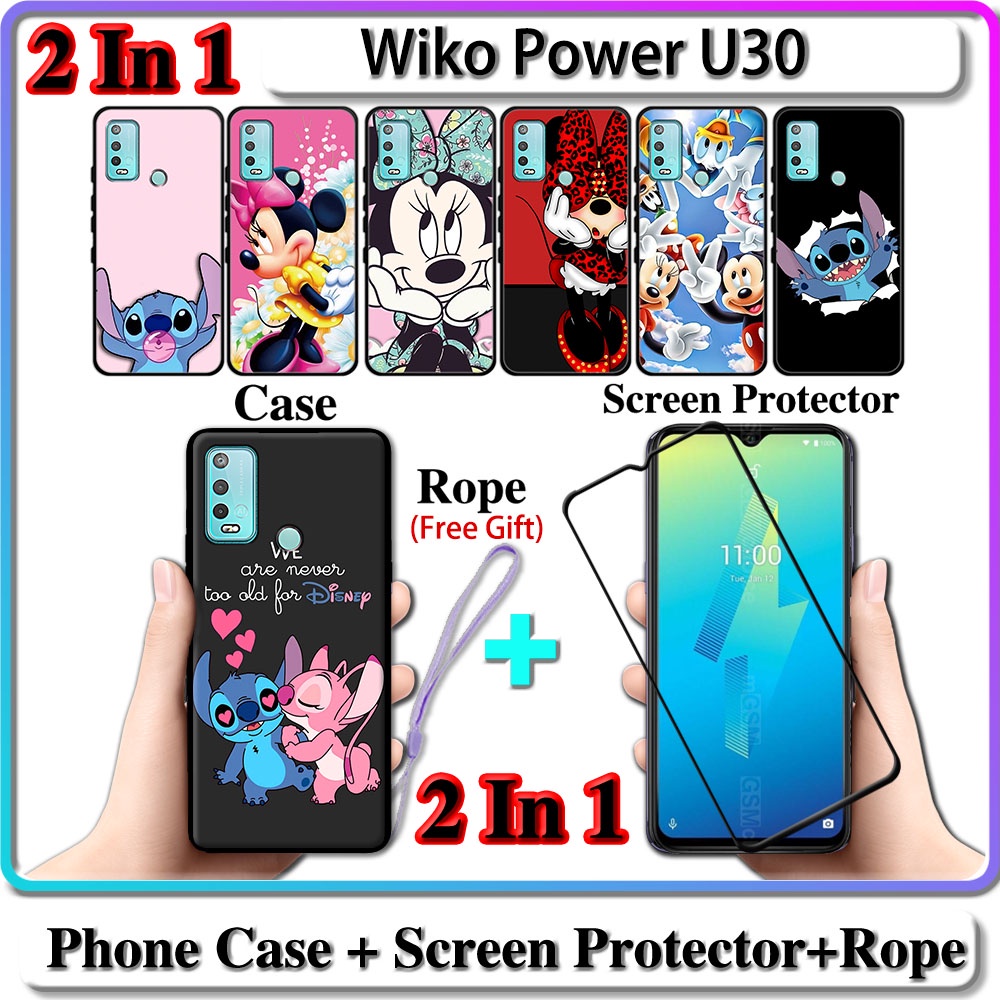 2 IN 1 เคส Wiko Power U30 พร้อมกระจกนิรภัยกันรอยหน้าจอโค้ง เซรามิค ดีไซน์สติตช์ และมินนี่