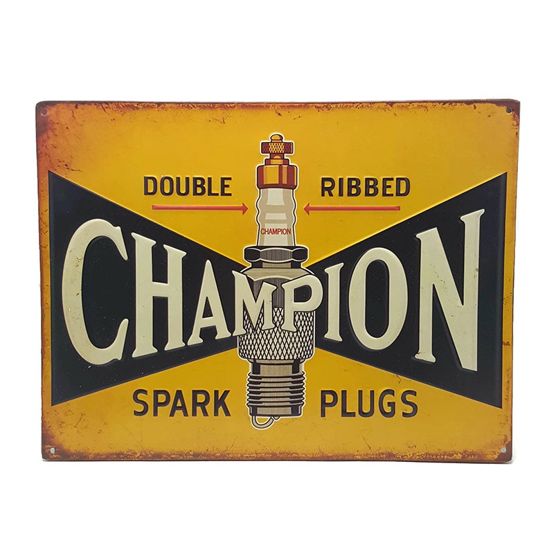 ป้ายสังกะสีวินเทจ Champion Spark Plug (ปั๊มนูน)