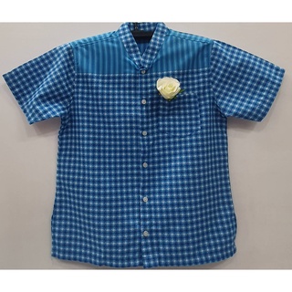 เสื้อเชิ๊ตทรงตรงไม่อัดกาวคอจีนสีฟ้าขางลายสก๊อตชิโนริ เด็กชาย/หญิง