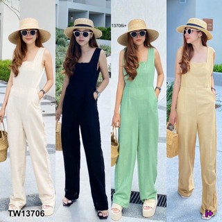 Jumpsuit จั๊มสูทยาว แขนกุด ซิปหลัง มีกระเป๋าข้างสองข้าง เนื้อผ้าลินิน