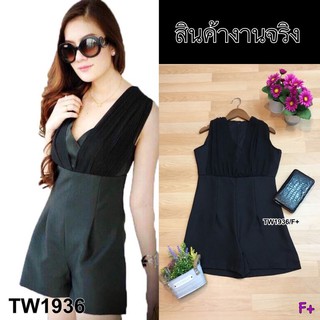 J1936 Jumpsuit จั๊มสูทขาสั้น ทรงคอวีแต่งผ้าชีฟองด้านหน้าอก