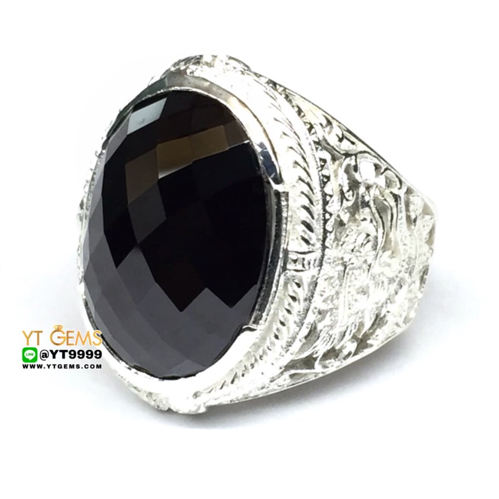 แหวนนิล แหวนครุฑ แหวนเงินแท้ 92.5% ข้างลาย พญาครุฑ ประดับ พลอยนิลแท้ หน้าแหวน 2.5 ซม. YTG-10503