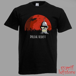 เสื้อยืดตัวล่าสุด🌞Futurama Drunk Robot Mens Black TshirtS-5XL