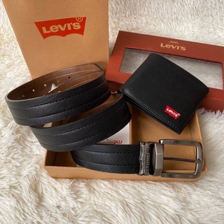 Levi men belt &amp; wallet กระเป๋าสตางค์คู่เข็มขัดผู้ชาย กระเป๋าสีดำโลโก้แดง