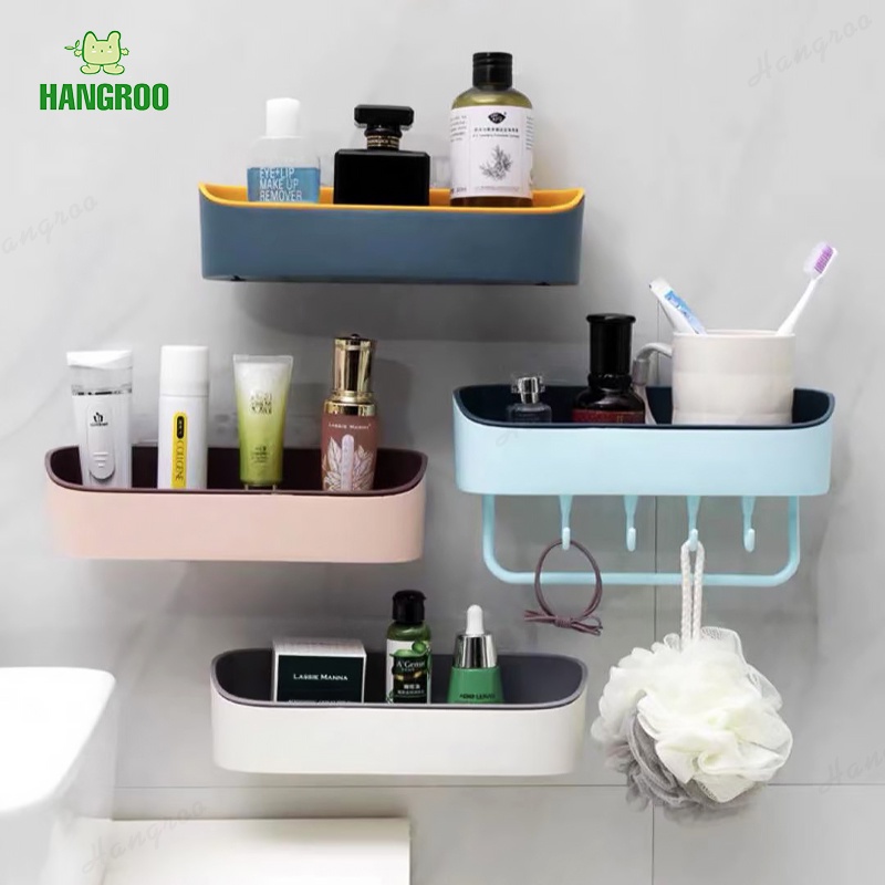 HANGROO H550 ที่ใส่ของติดผนัง GQ ที่วางของพร้อมราวแขวนและตะขอ ไม้ต้องเจาะผนัง H550